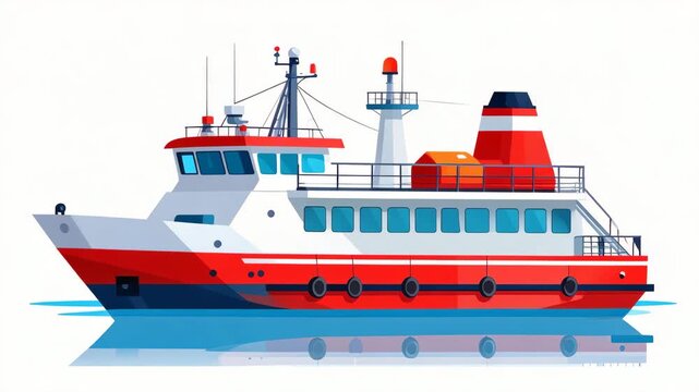 A vibrant illustration of a red and white ferry boat sailing on calm blue water, with a clear reflection.