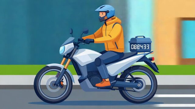 A cartoon illustration of a delivery person riding a motorcycle on a city street.