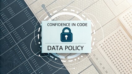 Data Policy Concept for Digital Security with Confidence in Code and Padlock Symbol on Technical Background