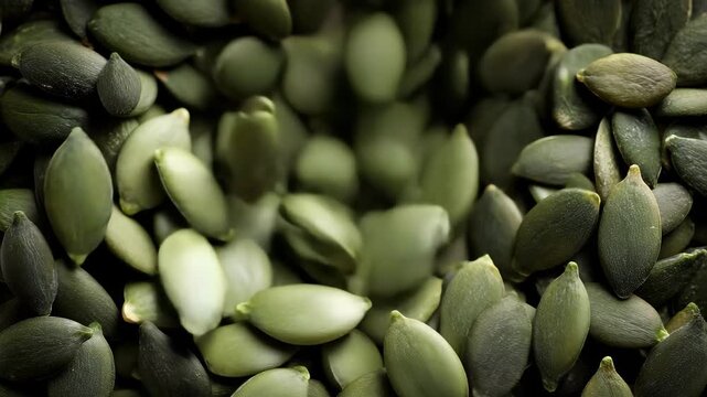 Close up view of a pile of green pumpkin seeds showcasing their rich texture and deep color in a natural setting