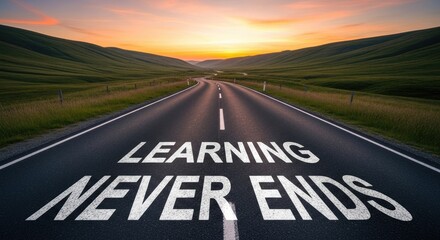 Learning Never Ends Message on Scenic Road at Golden Sunset