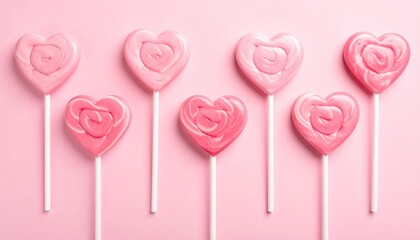 Pink heart-shaped lollipop with spiral pattern, placed on pastel pink backgroundp