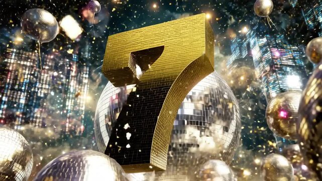 Celebration of the seventh anniversary with a dazzling golden number surrounded by sparkling disco balls