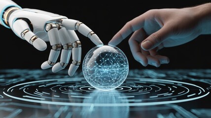 White robotic hand and a human hand reaching towards a glowing, transparent sphere containing a detailed, wireframe 3D model of a human brain.