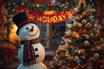 Art Snowman and Christmas tree decoration; background or season holidays banner