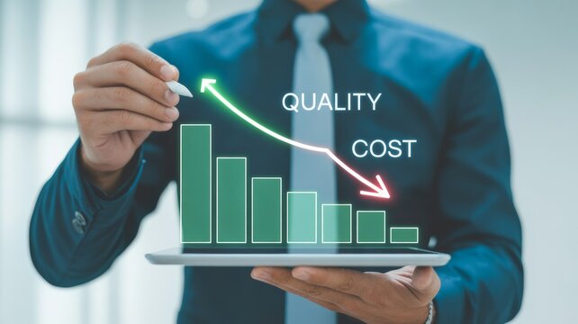 Graphic is a bar chart showing a clear downward trend decreasing bars with a descending arrow, along with the overlaid text "QUALITY COST" - Powered by Adobe
