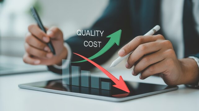 Graphic is a bar chart showing a clear downward trend decreasing bars with a descending arrow, along with the overlaid text "QUALITY COST"
