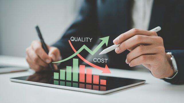 Graphic is a bar chart showing a clear downward trend decreasing bars with a descending arrow, along with the overlaid text "QUALITY COST" - Powered by Adobe