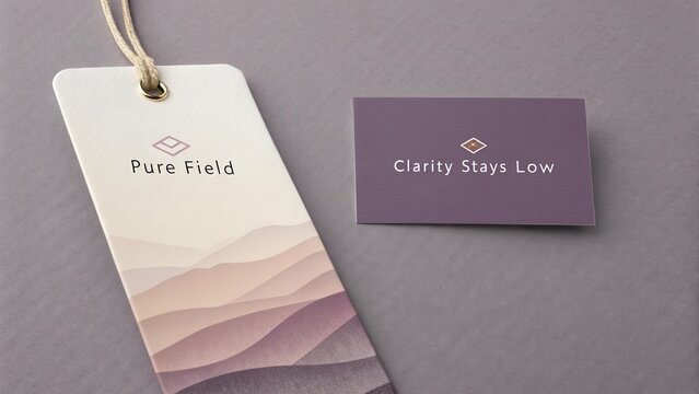 Elegant branding design featuring a minimalist tag and business card with soft colors and abstract mountain scenery