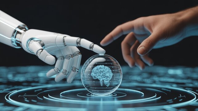 White robotic hand and a human hand reaching towards a glowing, transparent sphere containing a detailed, wireframe 3D model of a human brain. - Powered by Adobe