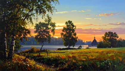 A serene landscape captures the golden hues of a sunset over a calm lake, with trees, fields, and a distant building