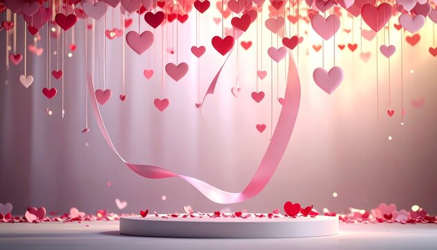 elegant with a round podium stage, decorated with hanging pink and red hearts, and ribbons that form a heart.d