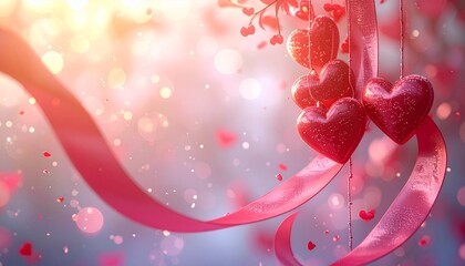 Beautiful with a sparkling red heart hanging from a pink ribbon. The background is blurred with a soft bokeh effect and sparkling light particles.d