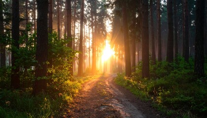 A sunlit dirt path winds through a dense forest, with tall trees framing the bright, golden sun. Sunlight streams creating a magical ambiance