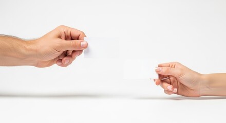 Professional Hands Exchanging Blank Business Cards for Contact Information Mockup