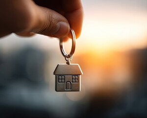 Hand Holding House Shaped Keychain At Sunset