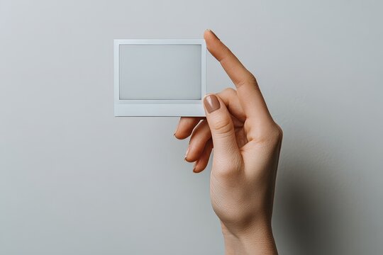 Woman Holding Blank Polaroid Photo Frame Against Light Grey Background - Powered by Adobe