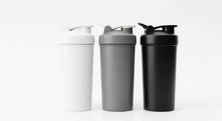 Three Blank Protein Shaker Bottles Mockup Isolated on White