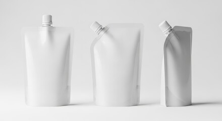 Three Blank White Spout Pouches Packaging Template Mockup