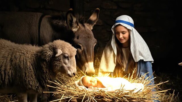 Woman, a lamb, and a donkey in stable with a crib where a baby is sleeping under the bright light. Nativity scene for religious holiday.
