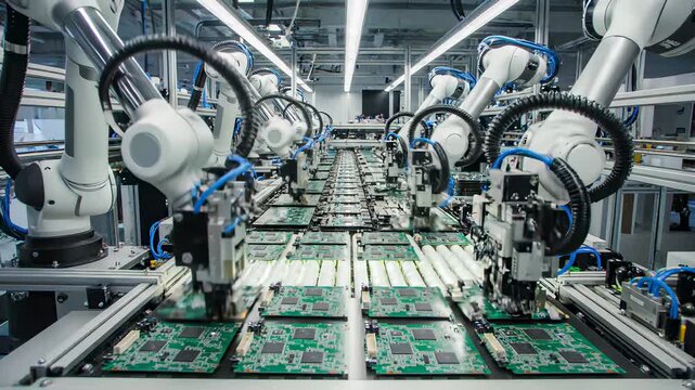High tech electronics assembly process featuring robotic automation, human labor, and conveyor belt production lines, showcasing cutting edge technology innovation and precision manufacturing.