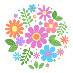 Colorful flower circle with green leaves and petals in pink, blue, orange, and purple, creating cheerful and vibrant floral design perfect for spring or summer themes