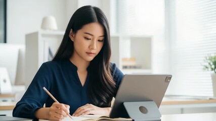 Asian woman writing in notebook with tablet in bright modern office - Powered by Adobe