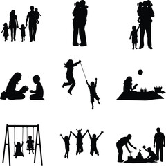 WebFamily activity silhouettes, parenting moments, children playing, bonding time, outdoor fun, black and white icons, picnic, reading, swing set, sandcastle, joy