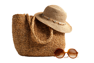 Beige straw bag, hat, and sunglasses