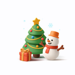 3D funny snowman character, Christmas tree and gift. For Christmas greetings and New Year celebration. Gifts for children. Vector illustration.