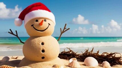 A cheerful, sandy snowman sporting a vibrant red Santa hat with a white pom-pom on top, standing tall on a sun-kissed sea beach with gentle waves rolling in the background, icreated with generative ai - Powered by Adobe