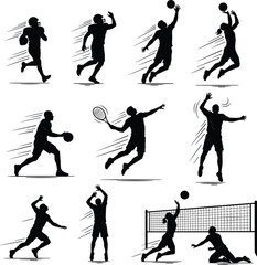 Sports silhouette set, athletic poses, basketball action, volleyball motion, tennis swing, football run, black vector icons, dynamic movement, team sports illustration