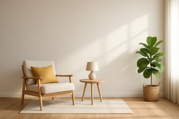 Minimalist Living Room with Beige Armchair, Yellow Pillow, and Table Lamp interior home