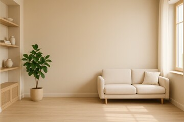 Minimalist Living Room with Beige Sofa and Fiddle Leaf Fig Plant interior home