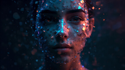 Digital Fragmentation Portrait: Close-up of a face covered in glowing geometric shards with neon blue and orange light. AI, technology, abstract beauty