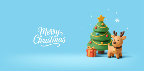 Merry Christmas banner. 3D Christmas tree, deer and gift on blue winter background. Magical winter scene for greeting and gift concepts. Vector illustration.