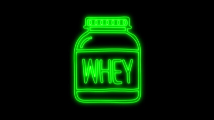 Green neon glowing whey protein powder supplement icon, ideal for fitness and bodybuilding, athletic nutrition, healthy lifestyle, isolated on black background