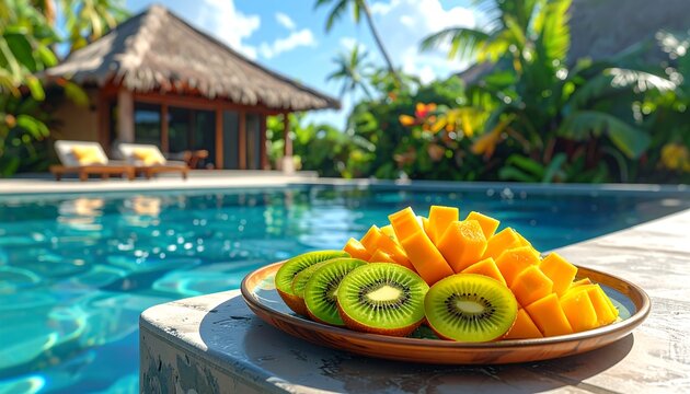 A vibrant tropical scene with sliced kiwi and mango fruit on a plate near a pool, a thatched-roof house in the background