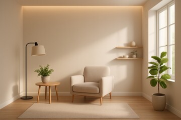 Minimalist Room with Beige Armchair, Floor Lamp, and Potted Plant by Window interior