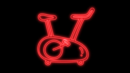 Red neon light outline of an exercise bike, a modern and glowing illustration representing fitness, gym workouts, health, and active lifestyle, isolated on black background