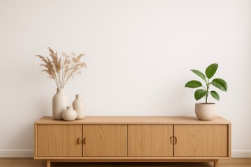 Minimalist Scandinavian wooden sideboard with decorative vases and a potted plant Scandinavian design