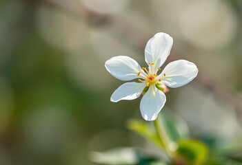Fototapeta premium A single pristine white blossom, softly blurred background highlights its delicate petals, gentle, outdoor