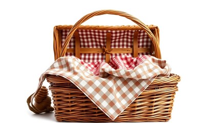 A rustic wicker picnic basket, filled with checkered cloth, isolated on a pure white background,   handmade,   empty