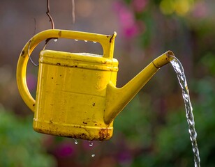 Bright yellow watering can hangs, water pours out against a blurred, colorful backdrop