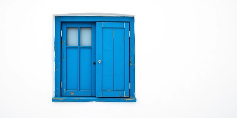 Obraz premium A vibrant blue wooden window contrasts sharply against a pristine white wall, texture, aesthetic