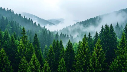 Lush, dense evergreen forest on a misty day, with fog filling valleys and covering distant mountain peaks, creating an atmospheric view