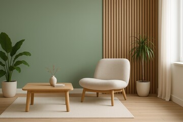 Modern Living Room with Green Wall Wood Paneling and Armchair interior