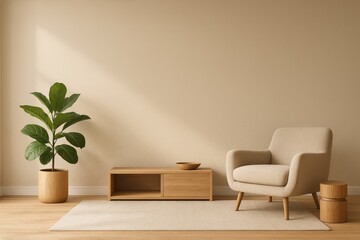 Scandinavian Living Room with Beige Armchair, Wooden Cabinet, and Potted Plant on Rug interior home