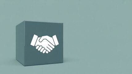 Handshake symbol on a cube representing business partnership and collaboration concept