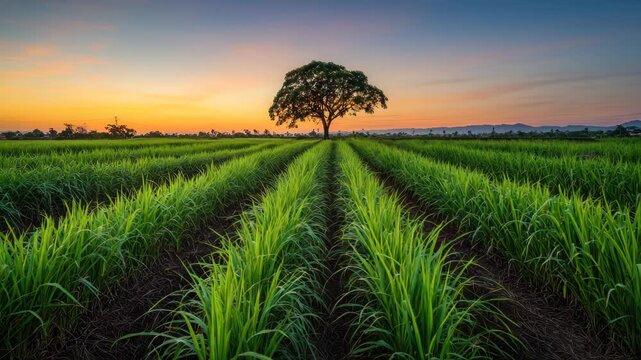 Vibrant sunset over scenic sugar cane field with lush rows and a solitary tree in the background